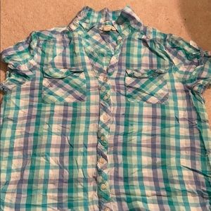 Shades of blue flannel button up shirt